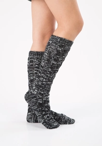 Detail of thick cable-knit texture and elastic fit on grey marl winter thermal socks