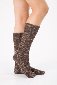 Detailed knit texture of coffee mixed-color Christmas wool socks with cable pattern