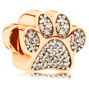 Rose gold animal paw print charm bead with shimmering cubic zirconia stones for bracelets