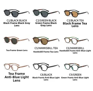 Grid display of oval Y2K sunglasses and anti-blue light glasses in nine color variants