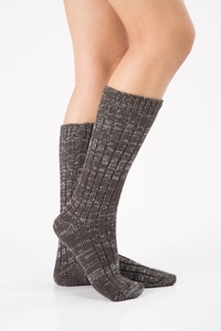 Close-up of thick knit grey wool socks showing ribbing texture and warm fabric detail