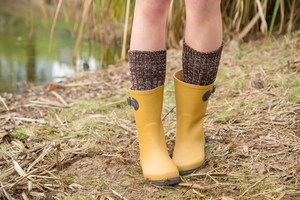 Outdoor yellow rain boots with brown knit thermal liners on muddy ground scene