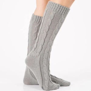 Classic light grey cable knit over-the-knee leg warmers for women's winter home wear
