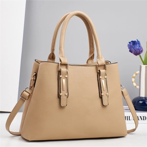 Elegant khaki lychee grain leather handbag with gold metal buckles and crossbody strap