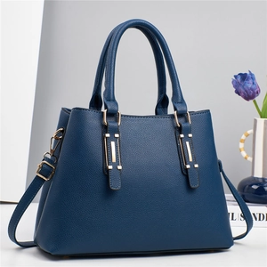 Navy blue multi-layer tote bag in litchi faux leather with gold hardware for women