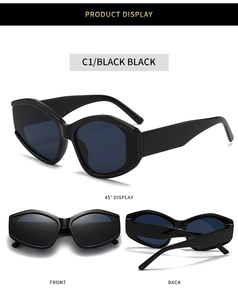 Detail view of stylish polygon sunglasses in black with a geometric thick frame design