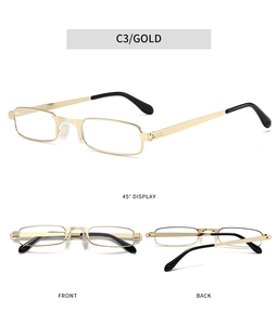 Detailed views of gold rectangular metal frame glasses from 45 degree and front angles