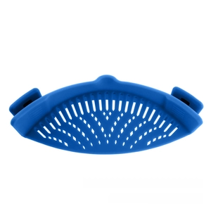 Close-up of a blue silicone pot strainer with clips for easy pasta and vegetable draining