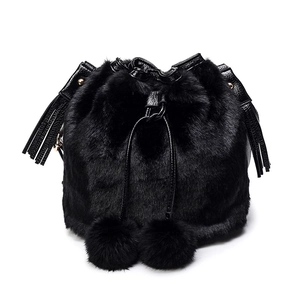 Women Faux Fur Bucket Bag With Pom Pom Tassels Plush Drawstring Shoulder Crossbody Fashion Winter