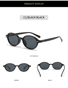 Detailed views of black oval Y2K sunglasses with silver rivet accents and C1 black lenses