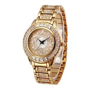 Luxury gold women's watch with full diamond-encrusted bezel and metallic steel strap