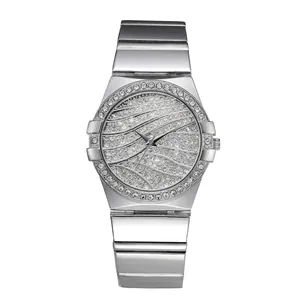 Luxury silver stainless steel watch with diamond-encrusted bezel and wavy texture dial