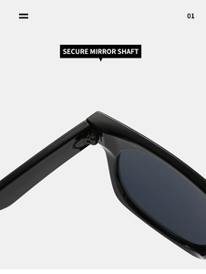 Detailed close-up of the reinforced metal hinge and secure mirror shaft on black sunglasses