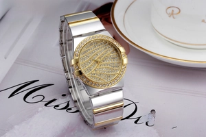Macro view of luxury quartz watch featuring iced-out crystal bezel and two-tone steel band