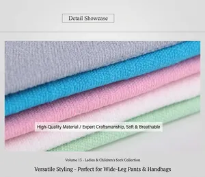 Macro detail of multi-color velvet stockings showing texture in grey, blue and pink