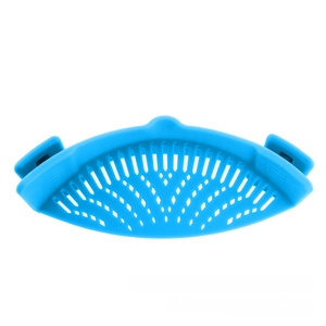 Close-up of blue silicone clip-on pot strainer with mesh filter for draining water