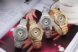 Luxurious quartz watches with crystal pave bezel and strap in gold and silver finishes