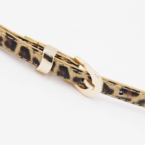 Close-up of leopard print skinny belt with a polished gold-tone metal buckle