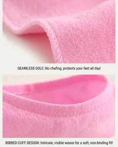 Detailed view of flat seams and elastic ribbed cuffs on pink velvet invisible socks