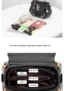Detail view of large capacity crossbody bag with five inner compartments for essentials