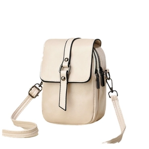 Minimalist beige PU leather shoulder bag with dual zippers and adjustable strap