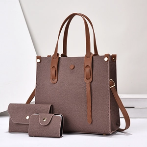 Brown textured fabric 3-piece tote bag set with leather straps and gold hardware
