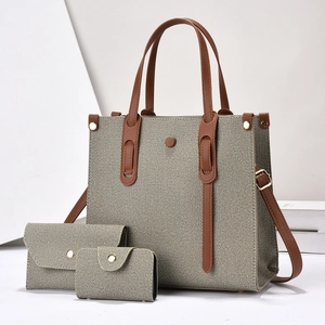 Three-piece woven tote bag set with brown leather straps and elegant retro texture