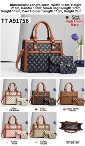 Détails des dimensions de l'ensemble de sacs pour femmes et vue de l'intérieur