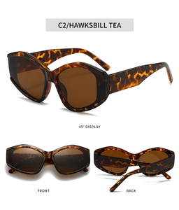 Detailed views of polygon oversized sunglasses with hawksbill tea frames and tinted lenses
