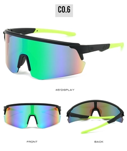 Three-view display showing 45-degree, front, and back of colorful cycling sunglasses