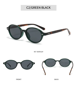 Multi-angle view of oval Y2K sunglasses in green frame with tortoiseshell temples