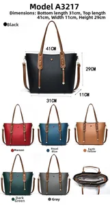 Detailed dimensions of the women's faux leather tote bag with six color options