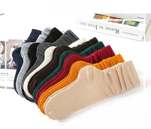Detailed knit texture and color variety of ribbed slouch socks in nine solid vintage shades