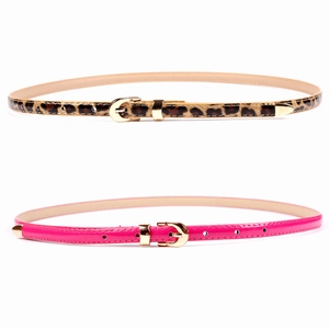 Fashionable leopard print and fuchsia skinny waist belts with gold metal buckles for women