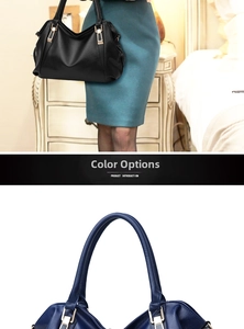 Close-up of pebble leather tote bag details with gold hardware in black and navy blue