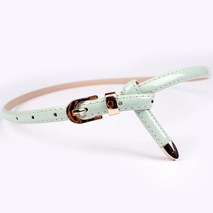 Mint green skinny leather belt for women with elegant gold buckle and knot style