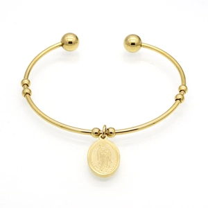 18k gold plated stainless steel cuff bangle featuring a religious Virgin Mary oval pendant