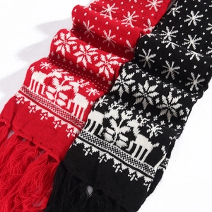 Detailed macro view of knitted reindeer and snowflake patterns on thick winter scarves