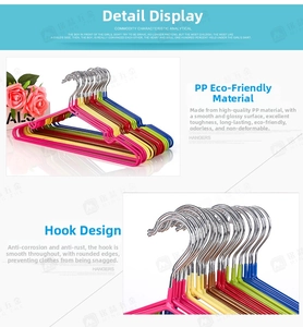 Detail of multi-color non-slip plastic coated clothes hangers with durable metal hooks