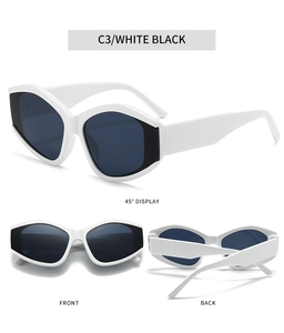 Close-up of white polygon sunglasses with black lenses from front and side view angles