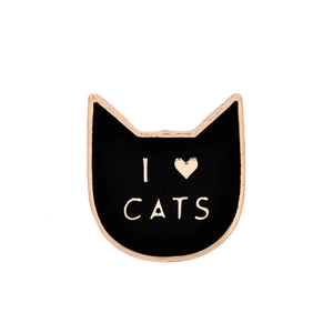 Cute black cat enamel brooch pin with golden border and I Love Cats slogan design