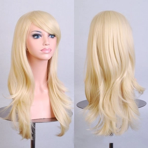 Vista frontal y trasera de peluca larga rubia ondulada de 70 cm para cosplay con flequillo