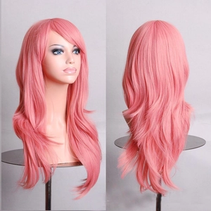 Peluca larga ondulada de 70 cm para cosplay en rosa con flequillo, vista frontal y trasera