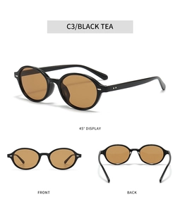 Detailed views of vintage oval sunglasses with black tea lenses and retro black frames