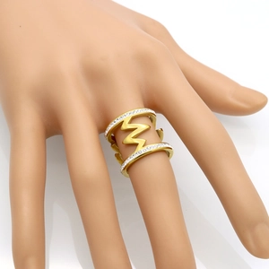 Chic gold-plated titanium steel lightning ring featuring double-row zircon stones on model