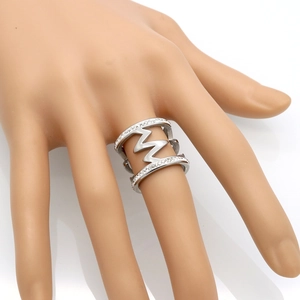 Silver double layer lightning ring with sparkling cubic zirconia on finger