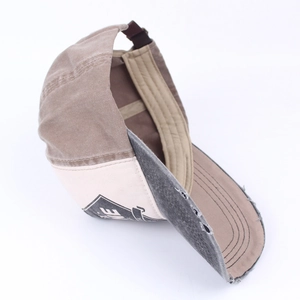 Vintage washed multi-color patchwork baseball cap with distressed brim and adjustable strap
