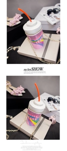 Close-up of pink sequined unicorn tears drink cup crossbody bag with gold chain strap