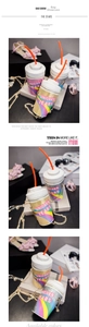 Detailed view of rainbow sequin drink-shaped bags with unicorn embroidery and metal chains