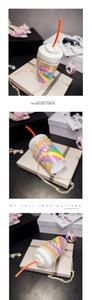 Close-up of glitter rainbow soda cup chain bag with Unicorn Tears slogan print